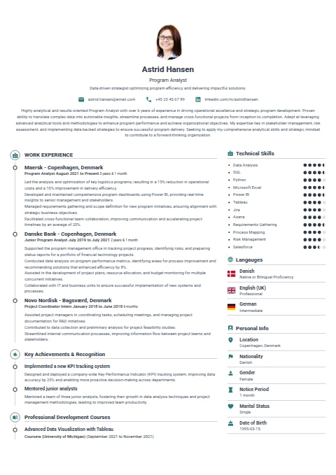 Program Analyst resume example — a professionally formatted Business Management CV sample