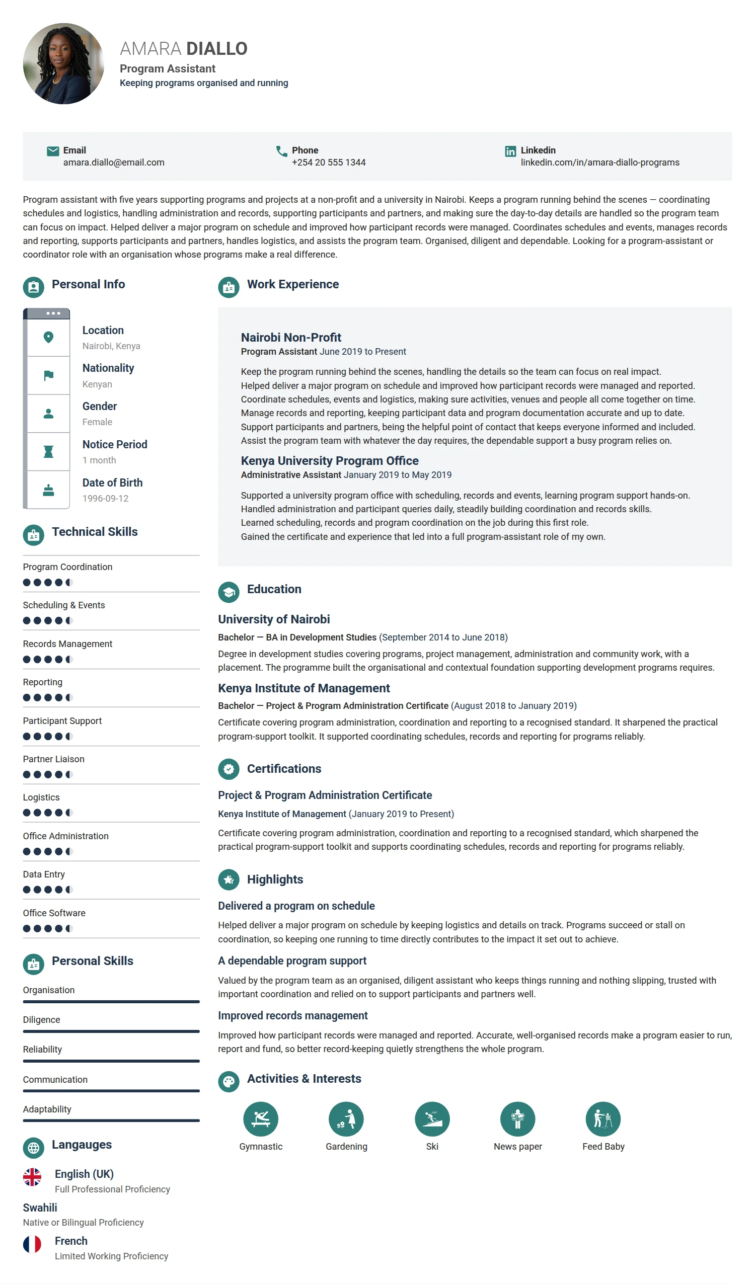 Program Assistant resume example — a professionally formatted Business Management CV sample