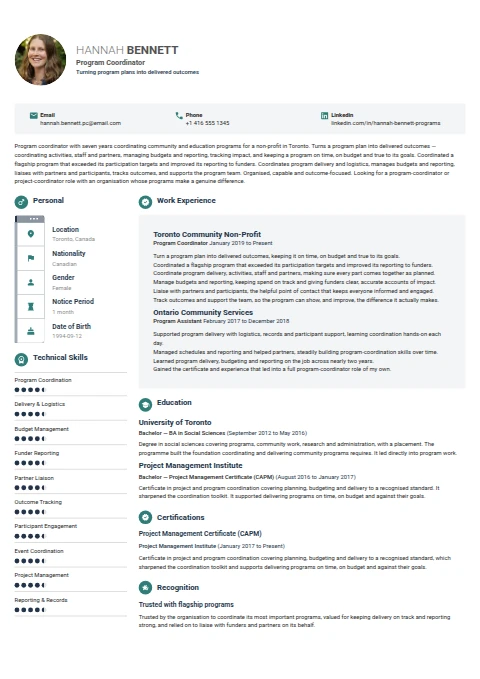 Program Coordinator resume example — a professionally formatted Business Management CV sample