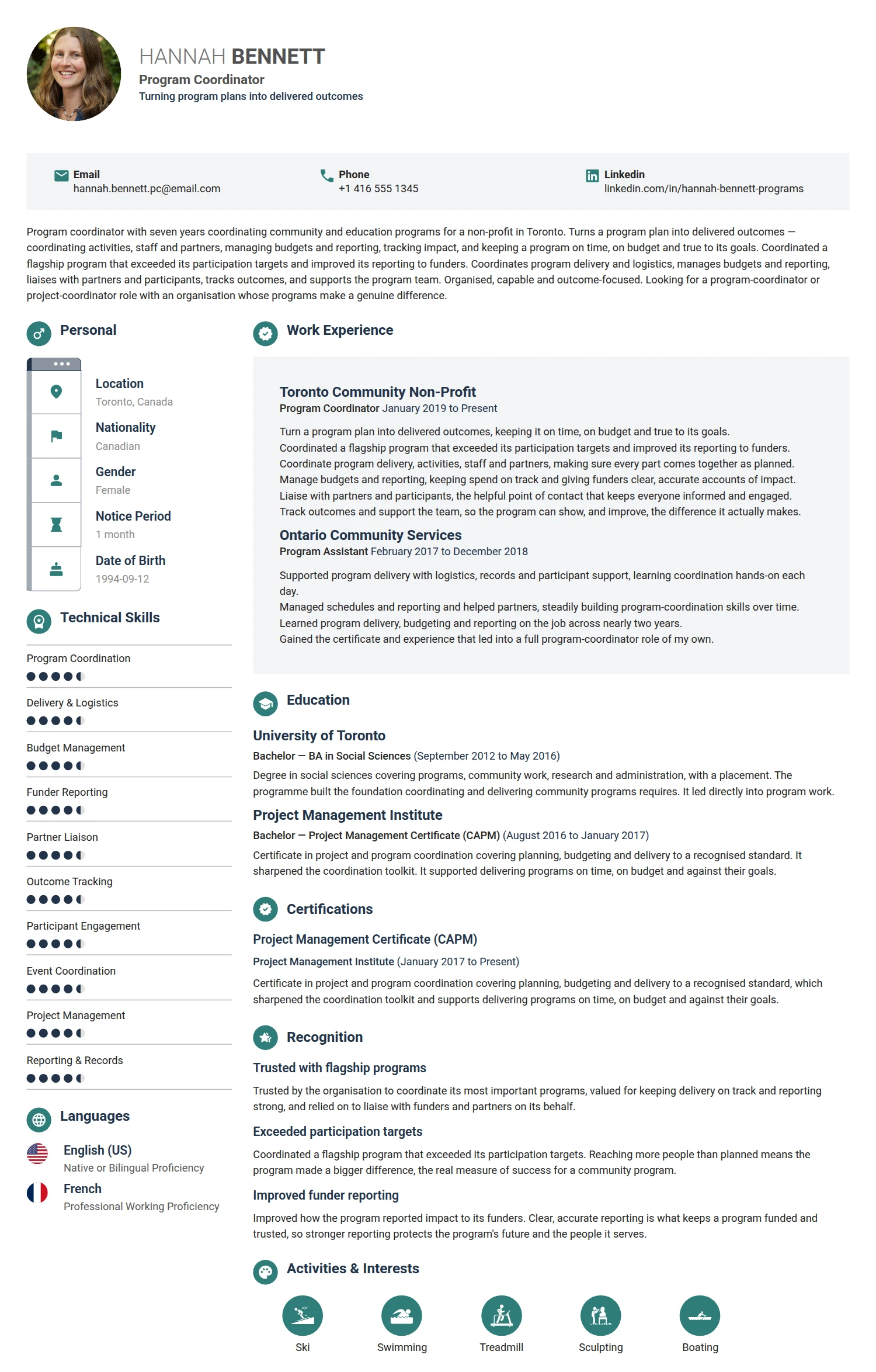 Program Coordinator resume example — a professionally formatted Business Management CV sample