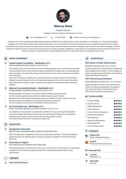Program Director resume example — a professionally formatted Education CV sample