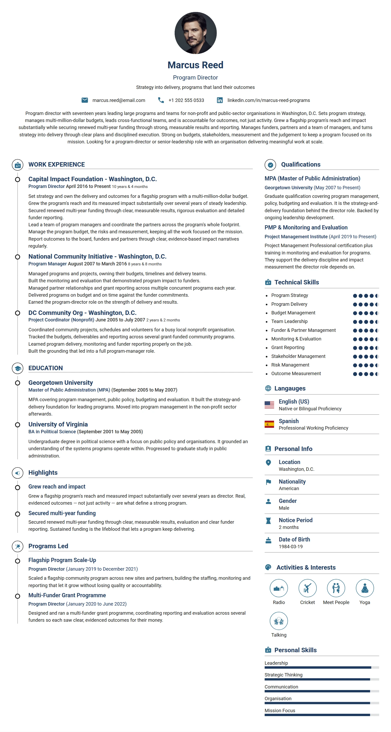 Program Director resume example — a professionally formatted Education CV sample
