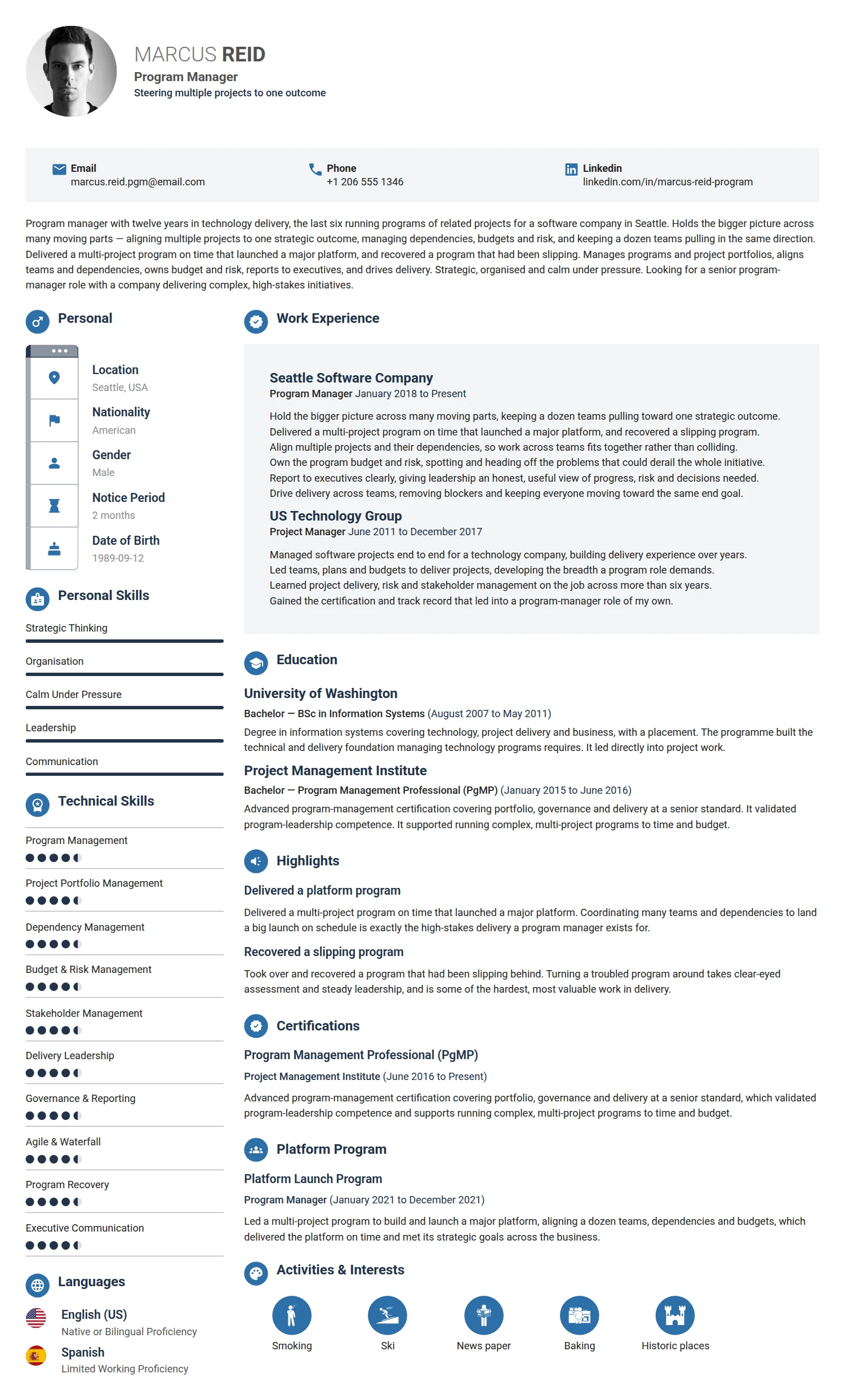 Program Manager resume example — a professionally formatted Business Management CV sample