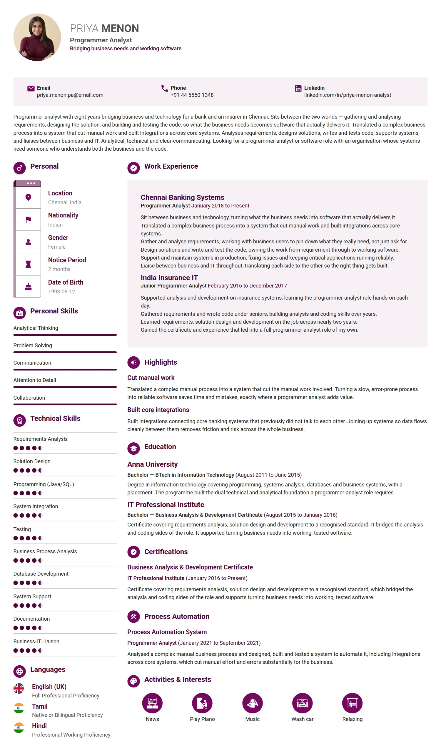 Programmer Analyst resume example — a professionally formatted Software Development & IT CV sample