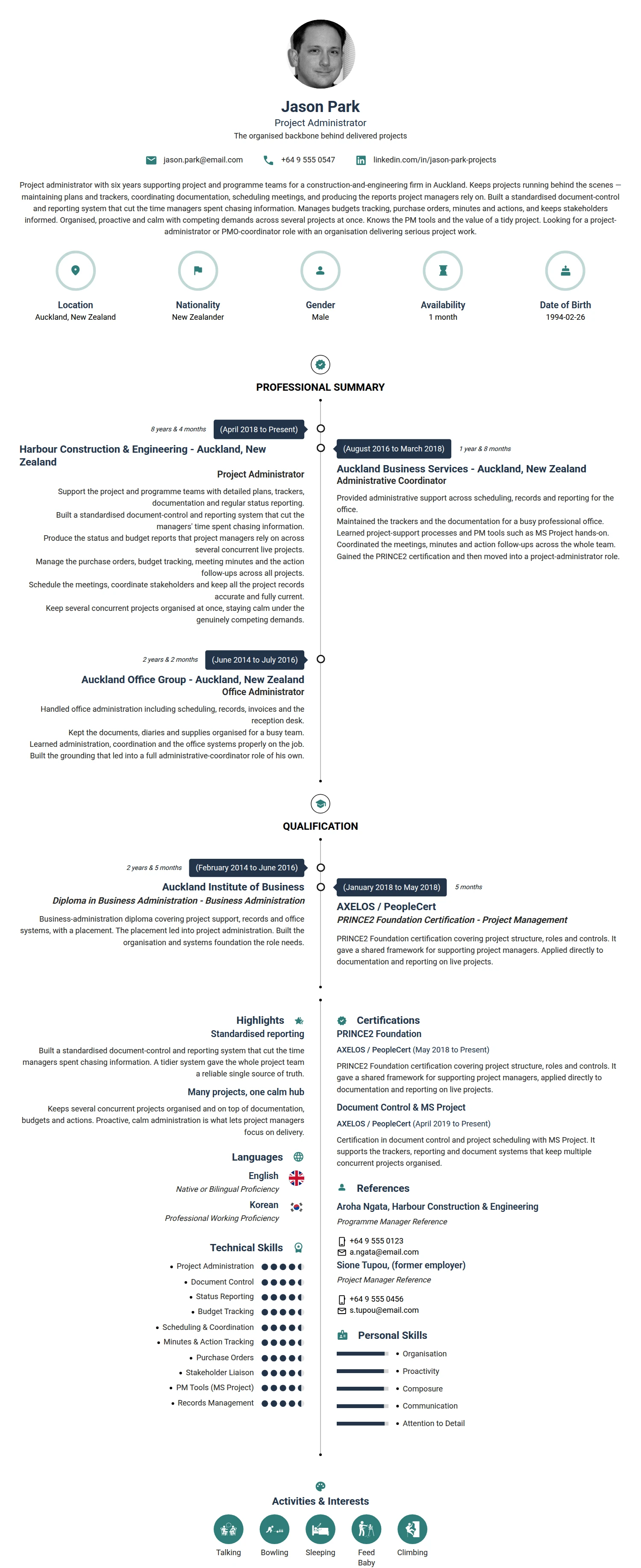 Project Administrator resume example — a professionally formatted Business Management CV sample