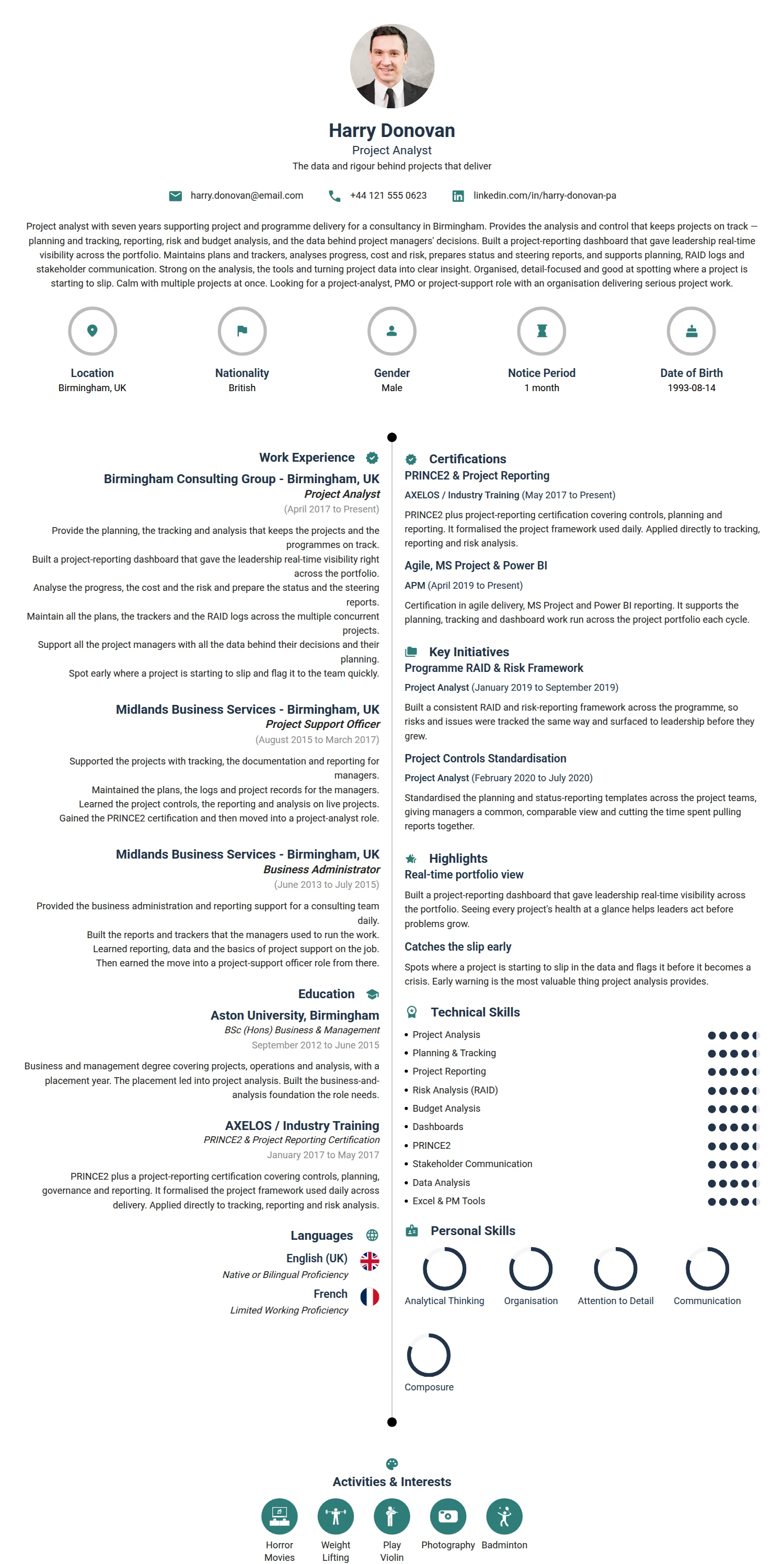 Project Analyst resume example — a professionally formatted Business Management CV sample
