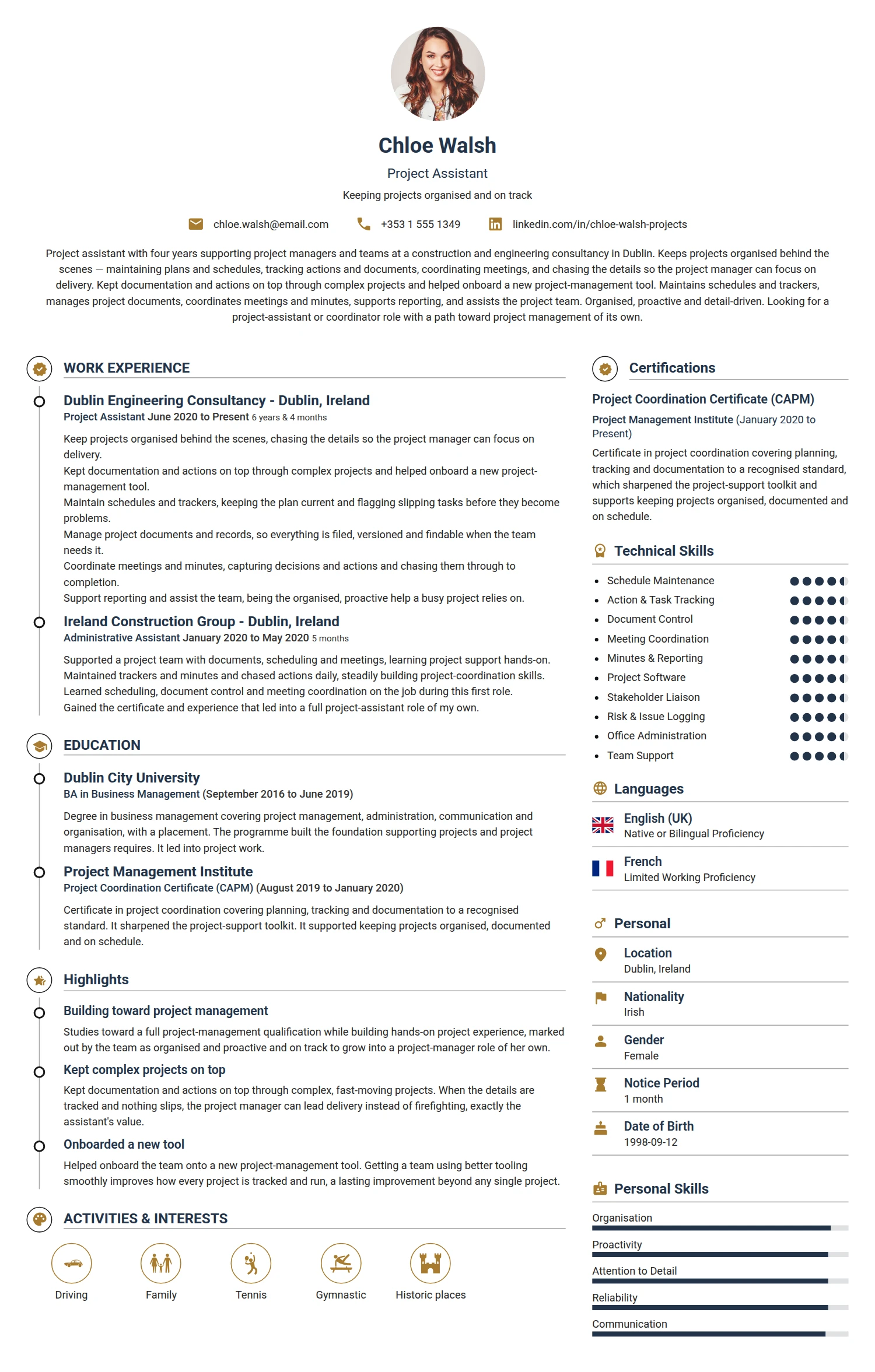 Project Assistant resume example — a professionally formatted Business Management CV sample