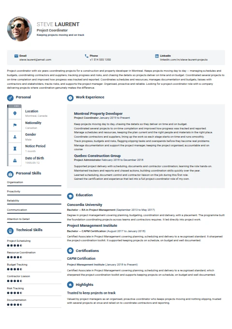 Project Coordinator resume example