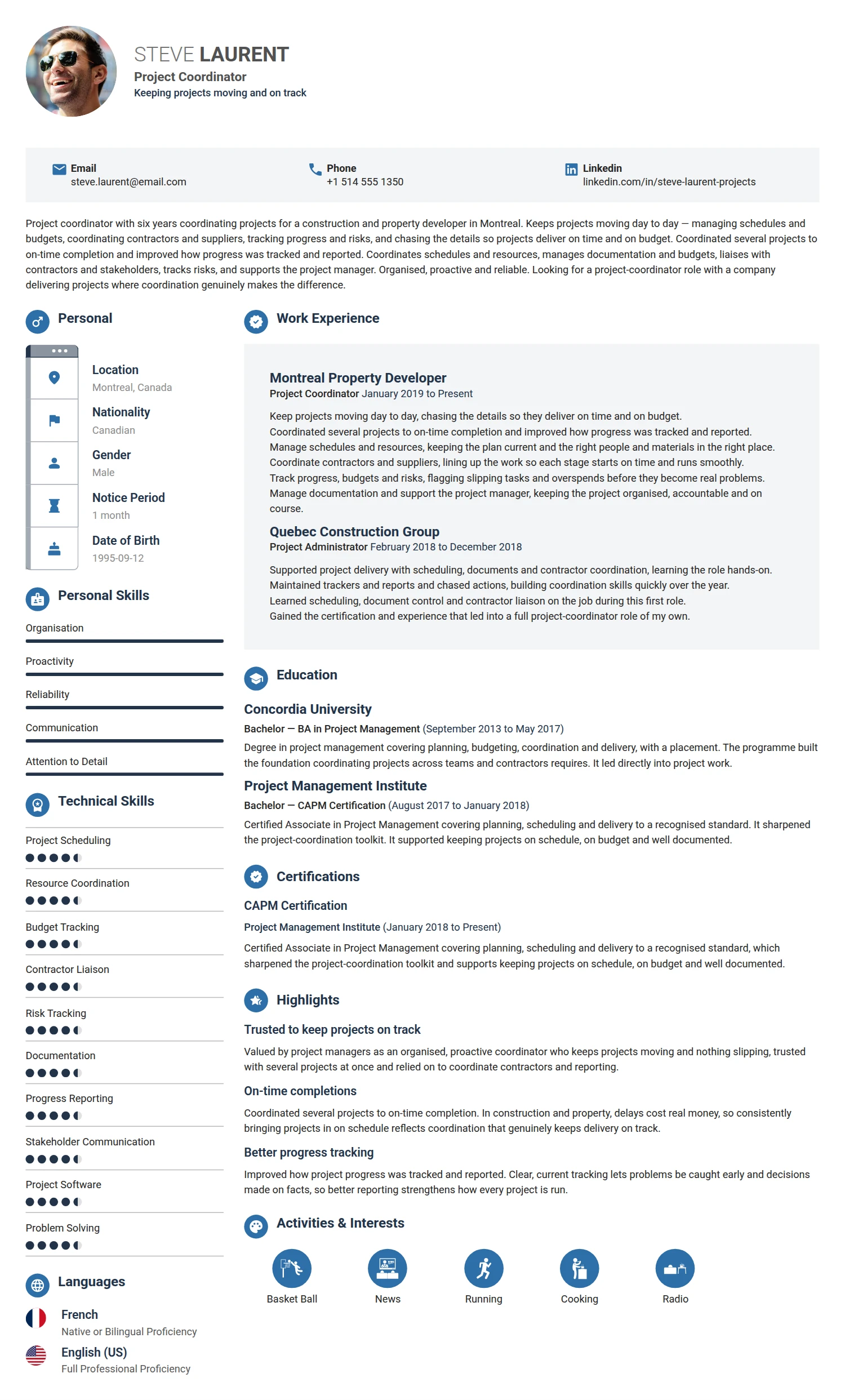 Project Coordinator resume example — a professionally formatted Business Management CV sample