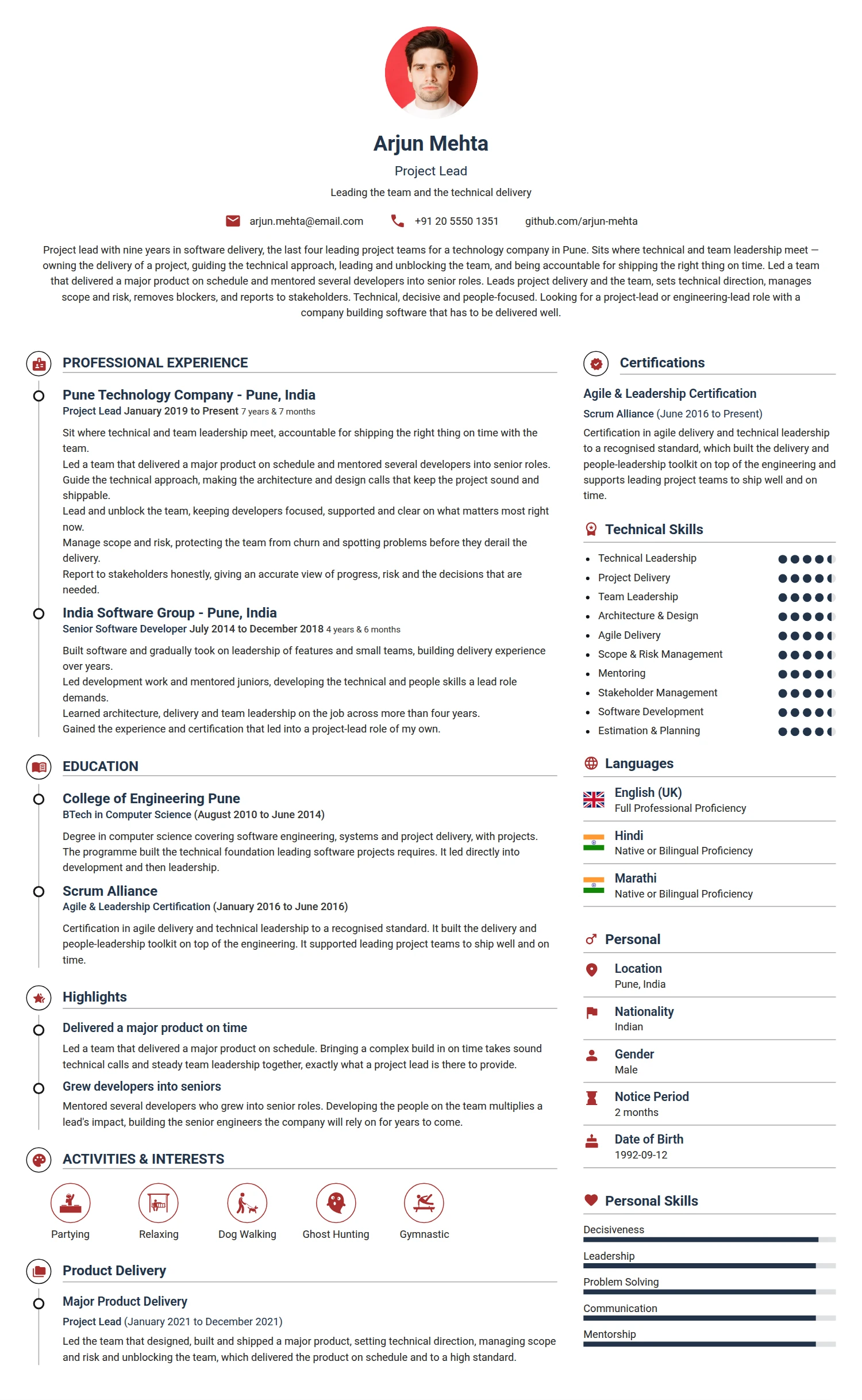 Project Lead resume example — a professionally formatted Business Management CV sample