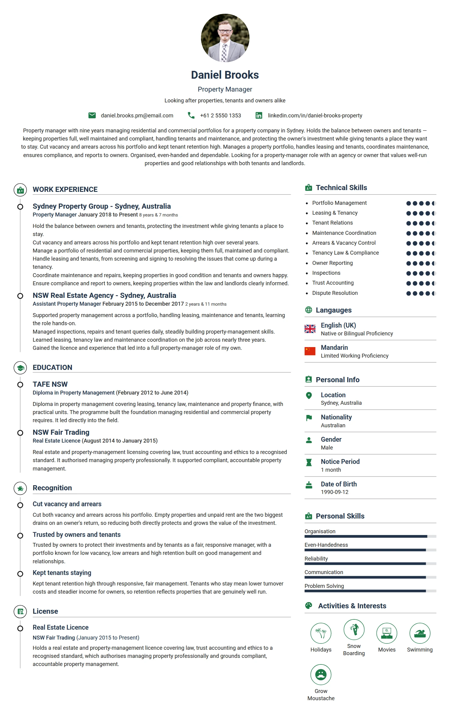 Property Manager resume example — a professionally formatted Real Estate CV sample