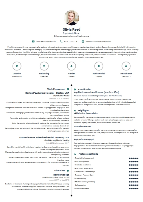 Psychiatric Nurse resume example
