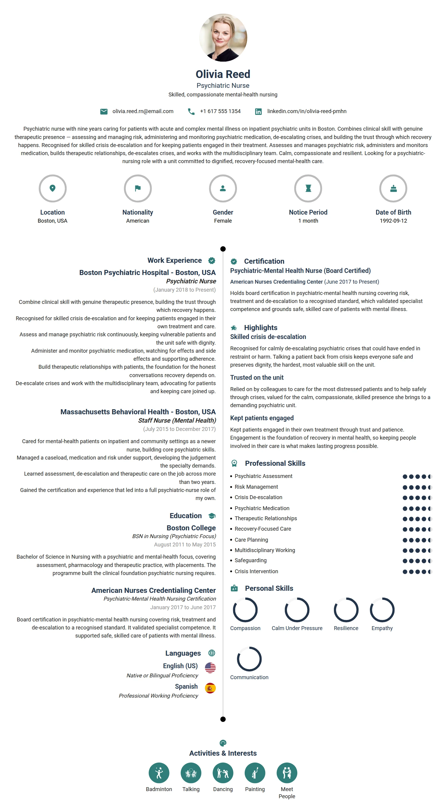 Psychiatric Nurse resume example — a professionally formatted Medical & Healthcare CV sample