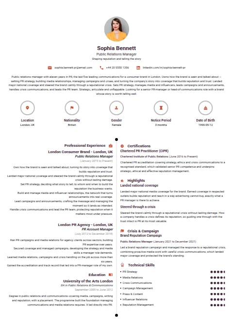 Public Relations Manager resume example