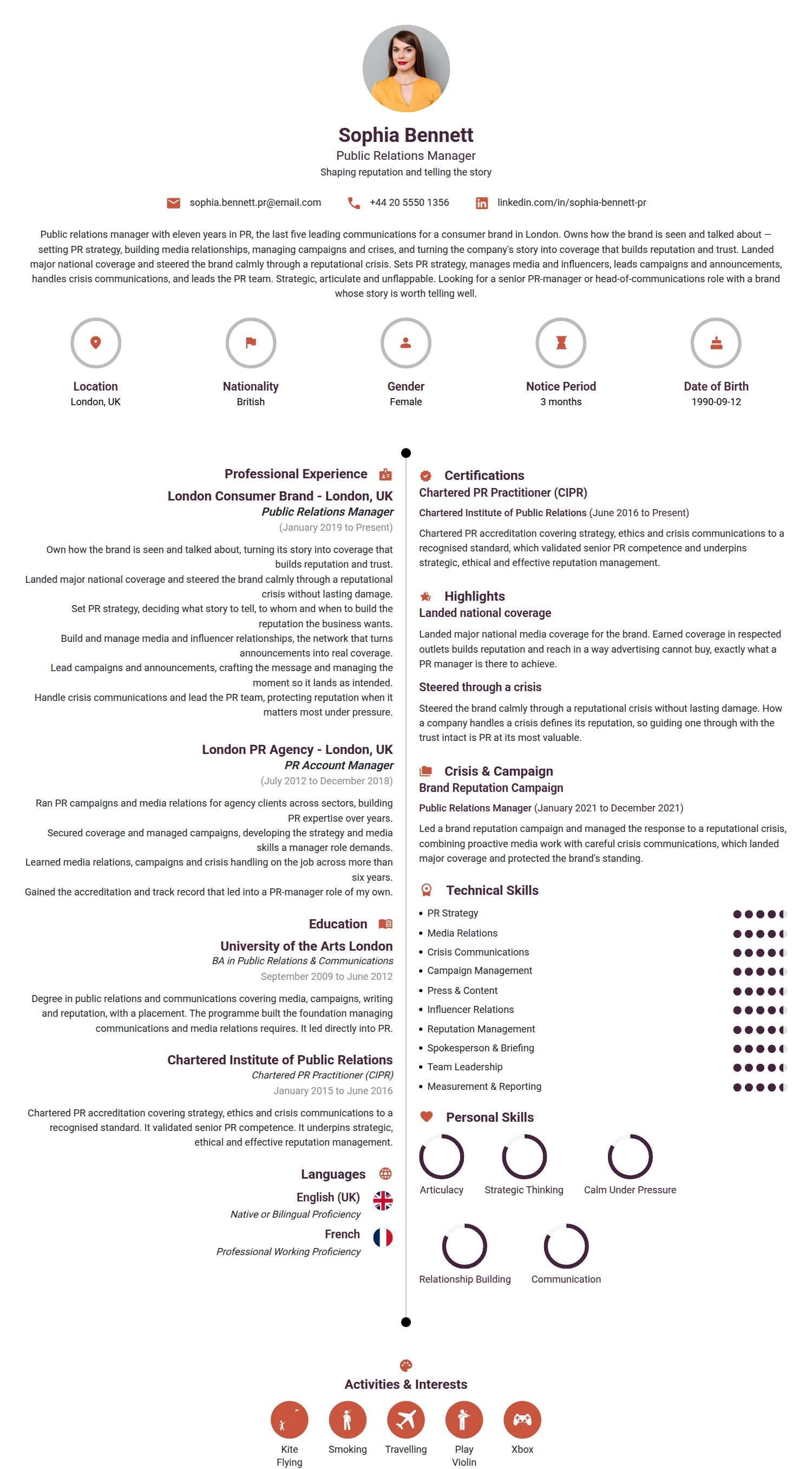 Public Relations Manager resume example — a professionally formatted Advertising/Marketing/PR CV sample