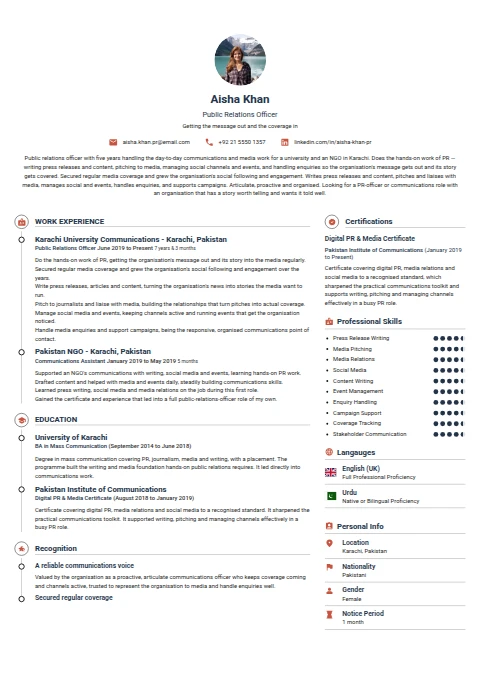 Public Relations Officer resume example