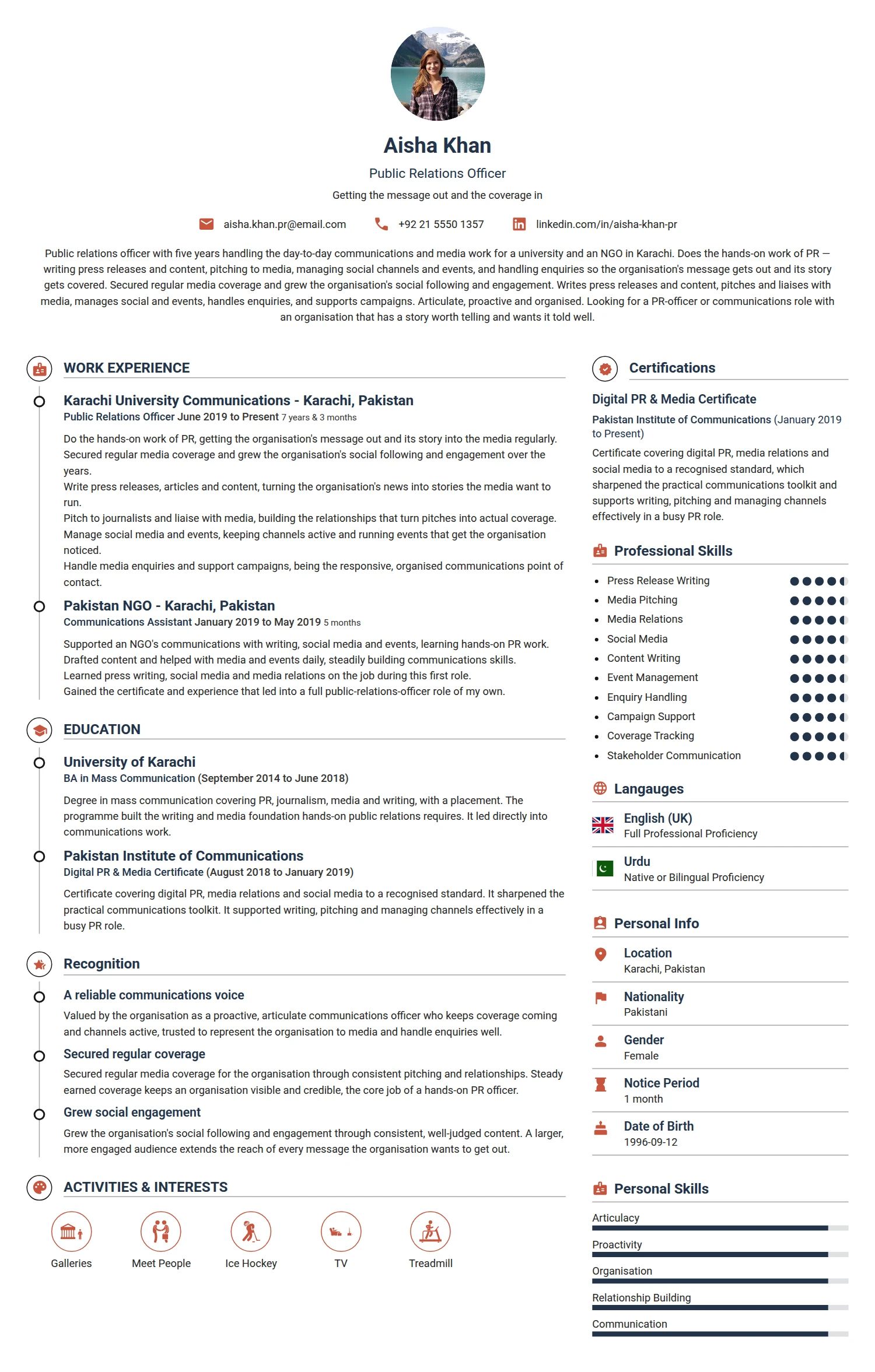 Public Relations Officer resume example — a professionally formatted Advertising/Marketing/PR CV sample