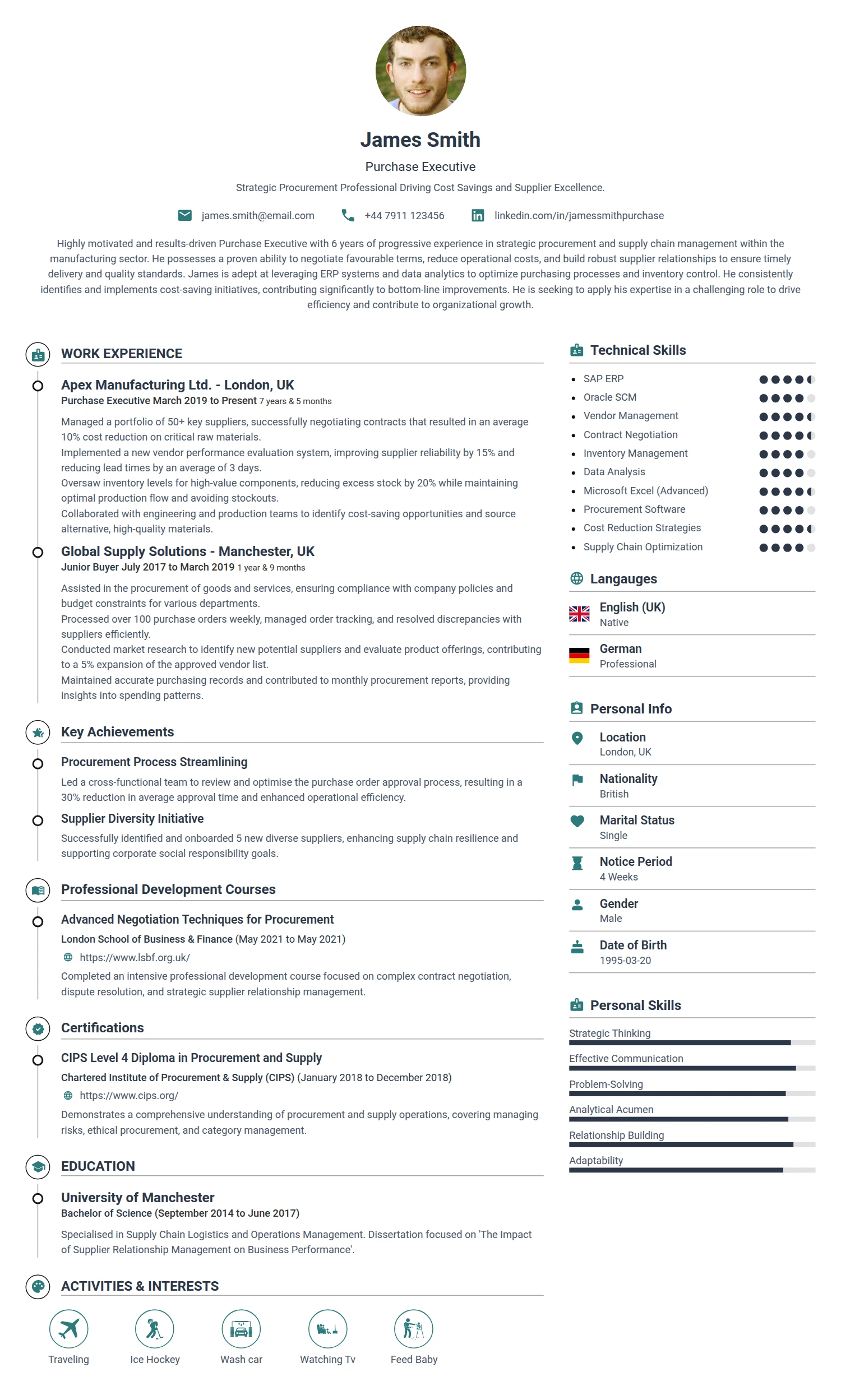 Purchase Executive resume example — a professionally formatted Logistics/Supply Chain CV sample