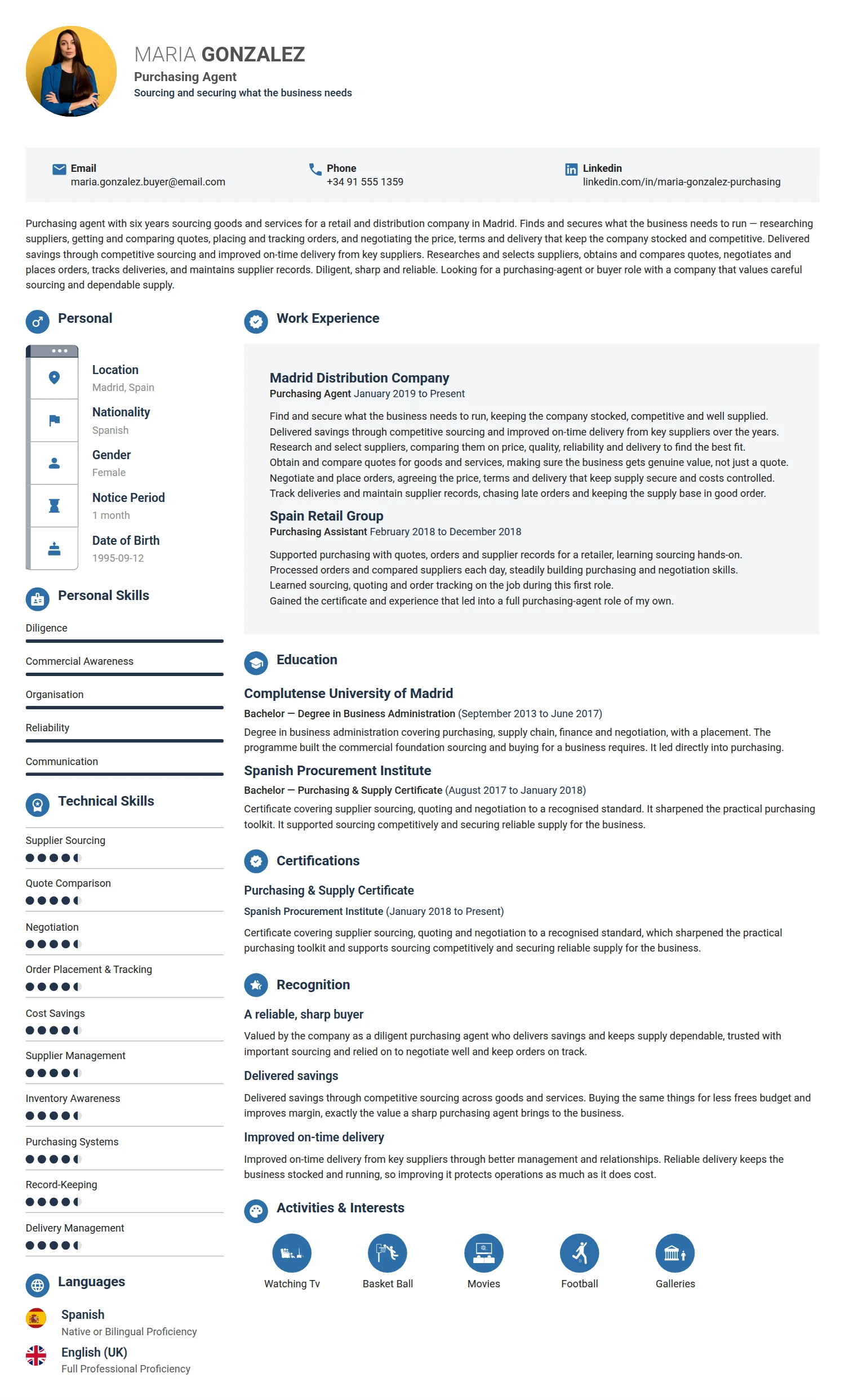 Purchasing Agent resume example — a professionally formatted Logistics/Supply Chain CV sample