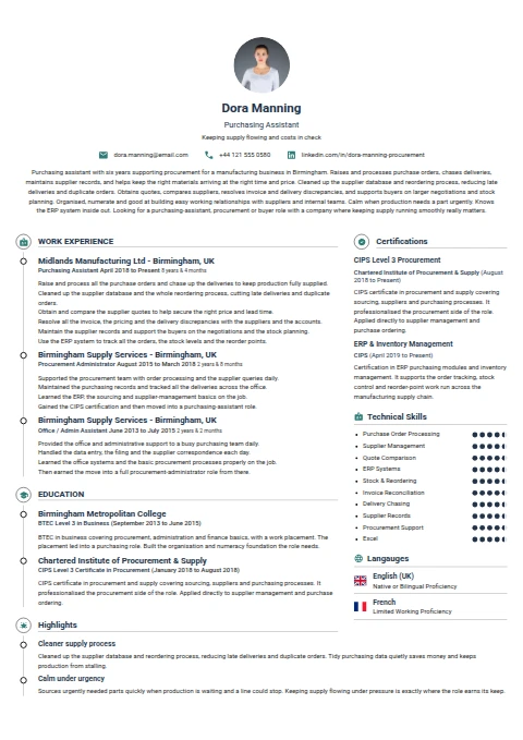 Purchasing Assistant resume example — a professionally formatted Logistics/Supply Chain CV sample