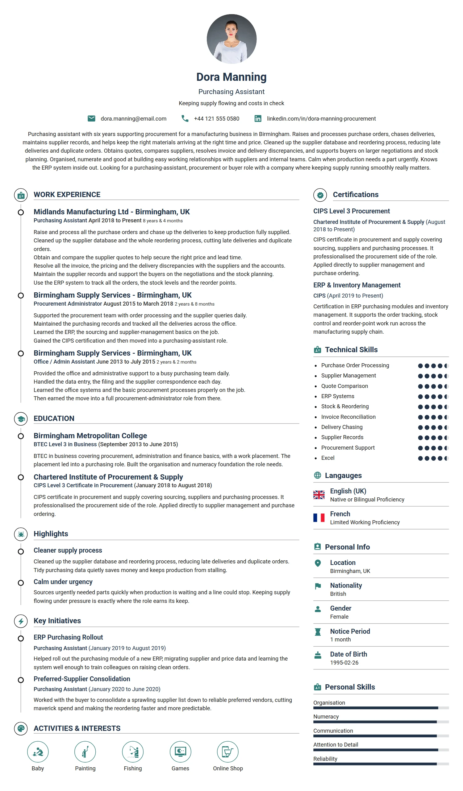 Purchasing Assistant resume example — a professionally formatted Logistics/Supply Chain CV sample