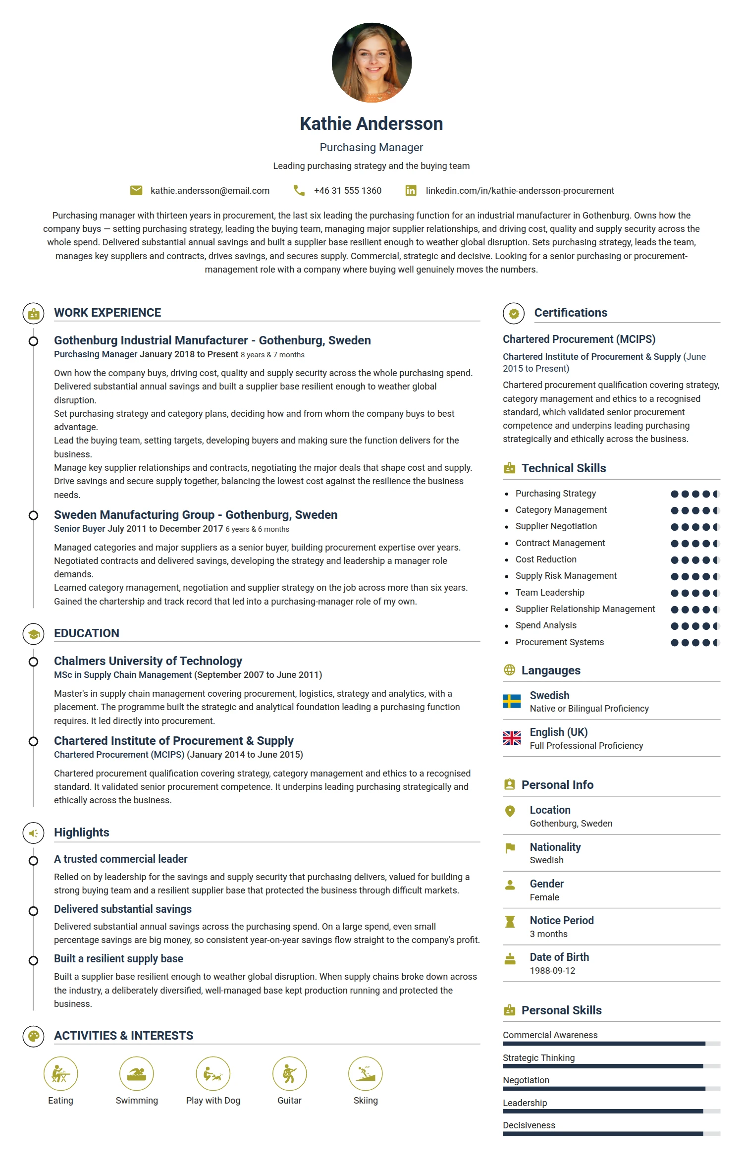 Purchasing Manager resume example — a professionally formatted Logistics/Supply Chain CV sample