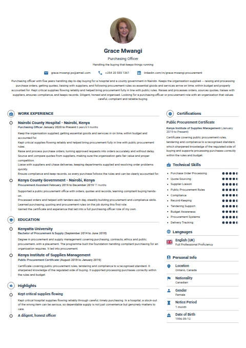 Purchasing Officer resume example