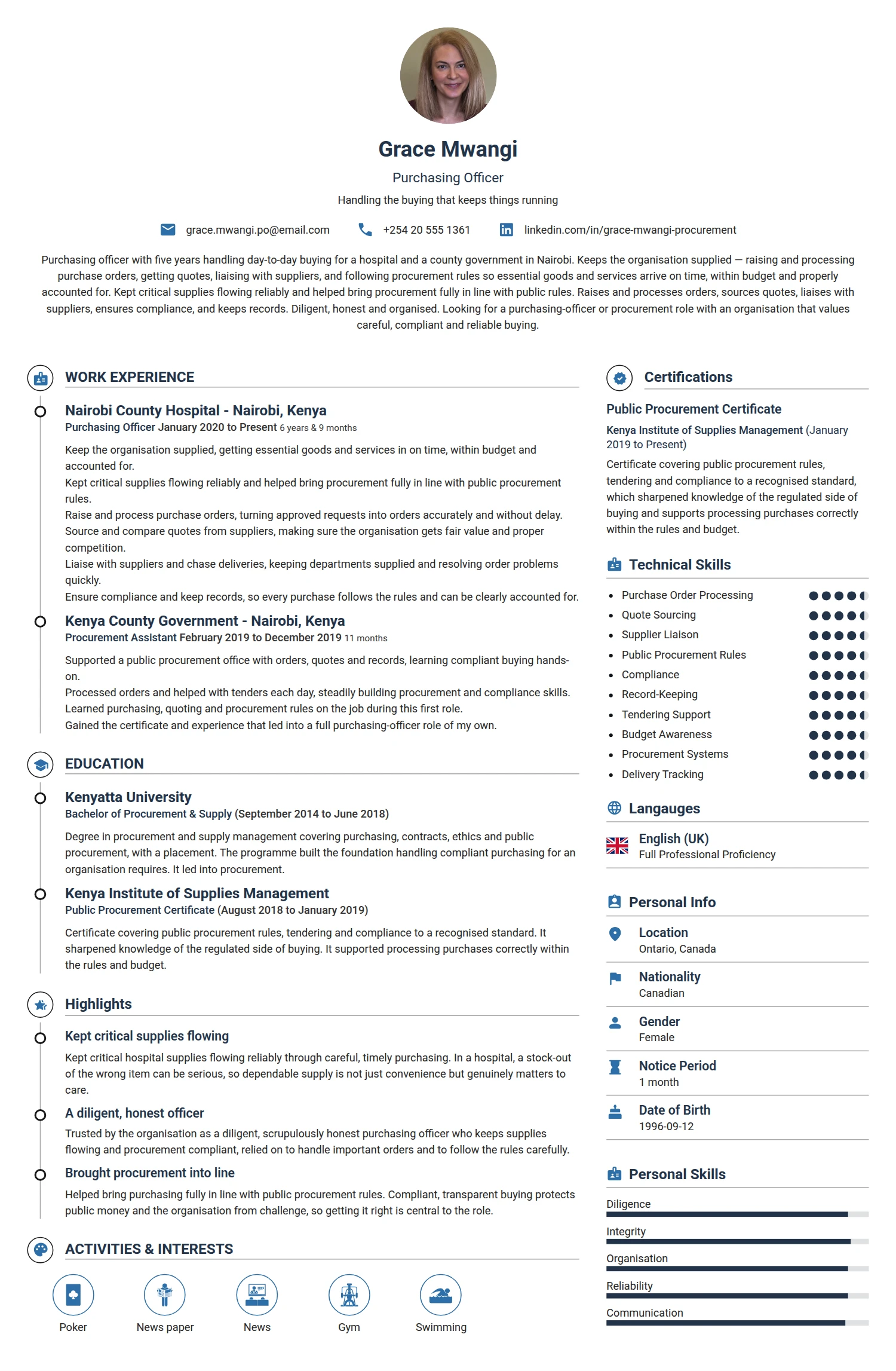 Purchasing Officer resume example — a professionally formatted Logistics/Supply Chain CV sample