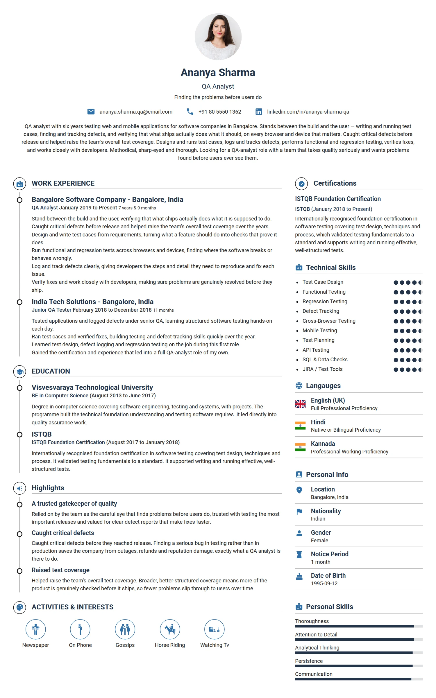 QA Analyst resume example — a professionally formatted Software Development & IT CV sample