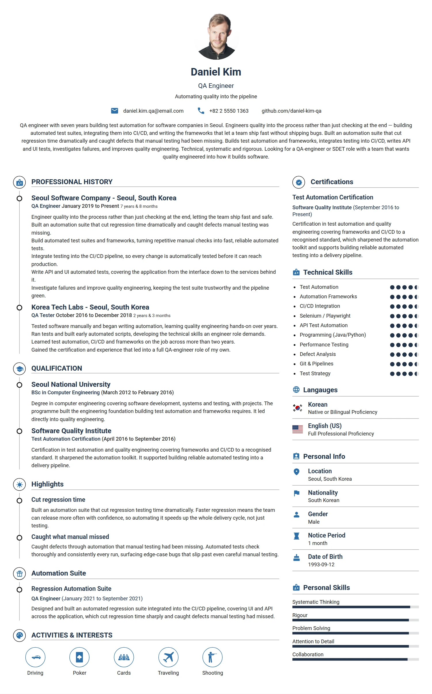 QA Engineer resume example — a professionally formatted Software Development & IT CV sample