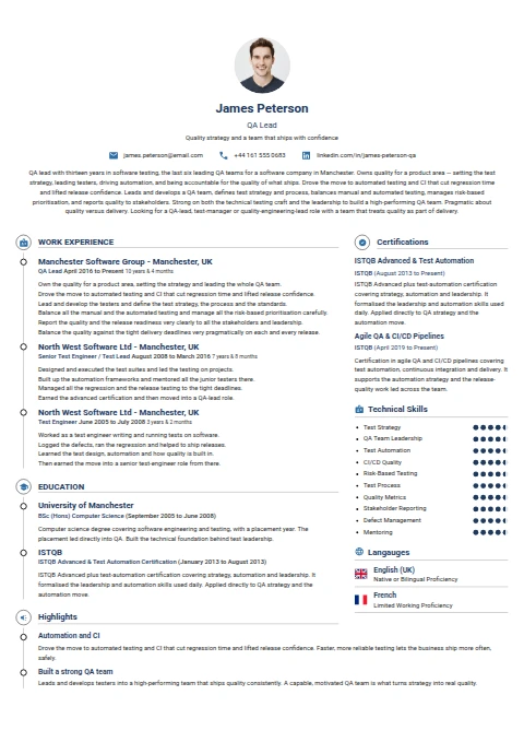 QA Lead resume example — a professionally formatted Software Development & IT CV sample