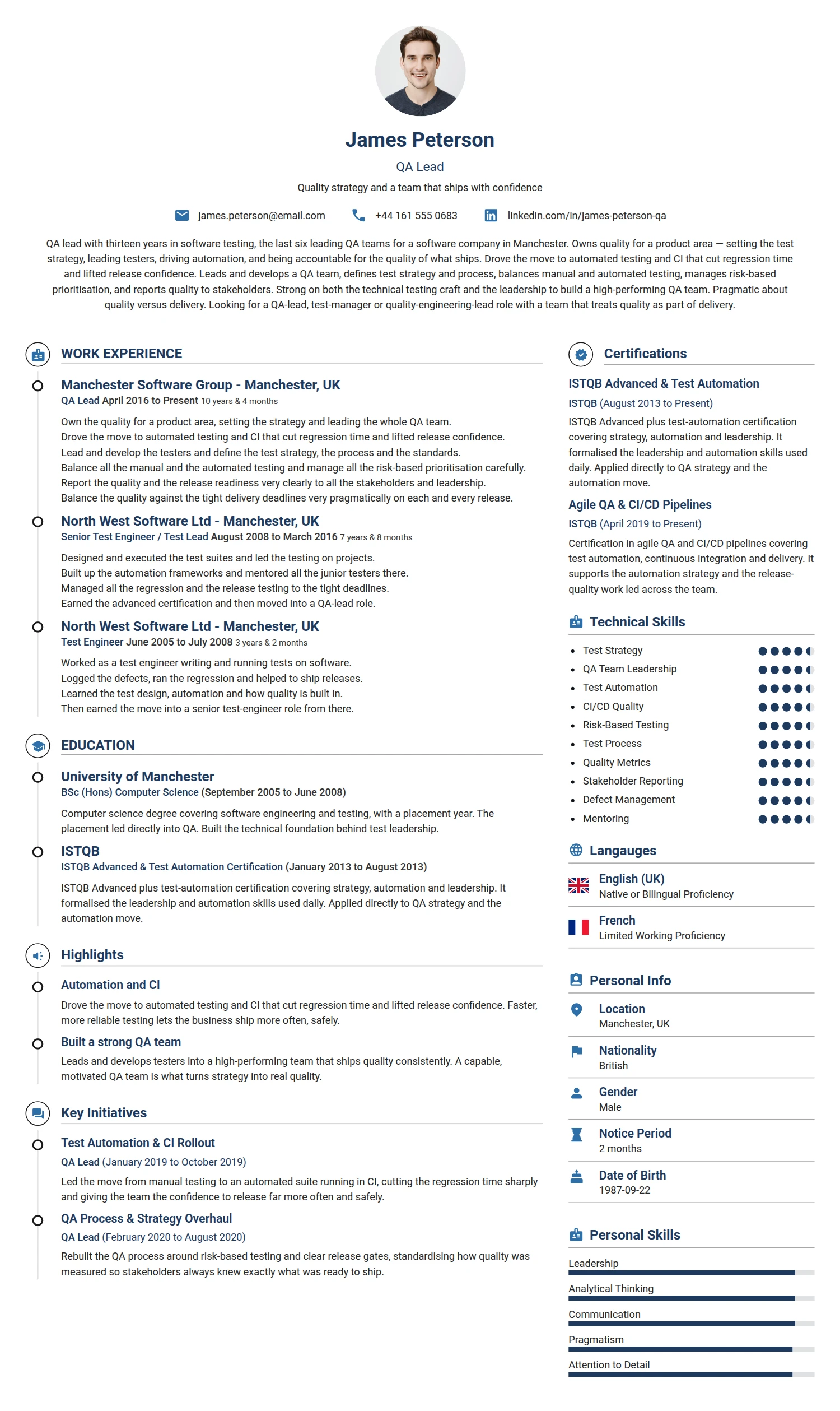 QA Lead resume example — a professionally formatted Software Development & IT CV sample