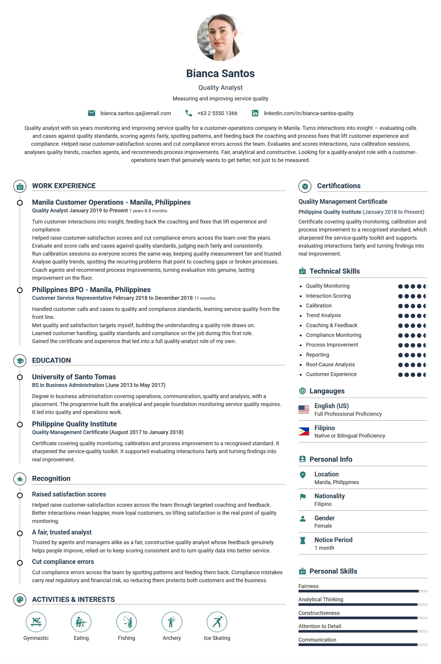 Quality Analyst resume example — a professionally formatted Software Development & IT CV sample