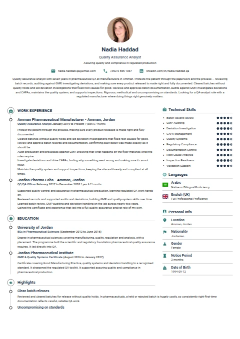 Quality Assurance Analyst resume example
