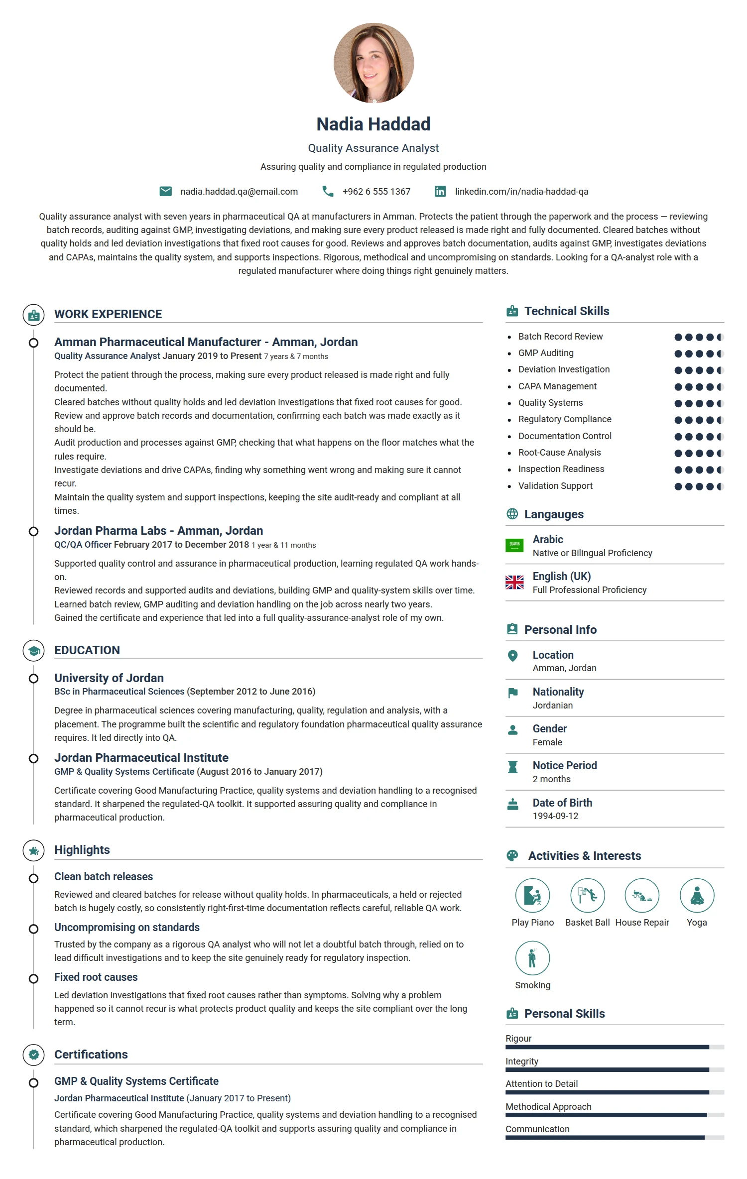 Quality Assurance Analyst resume example — a professionally formatted Administration CV sample