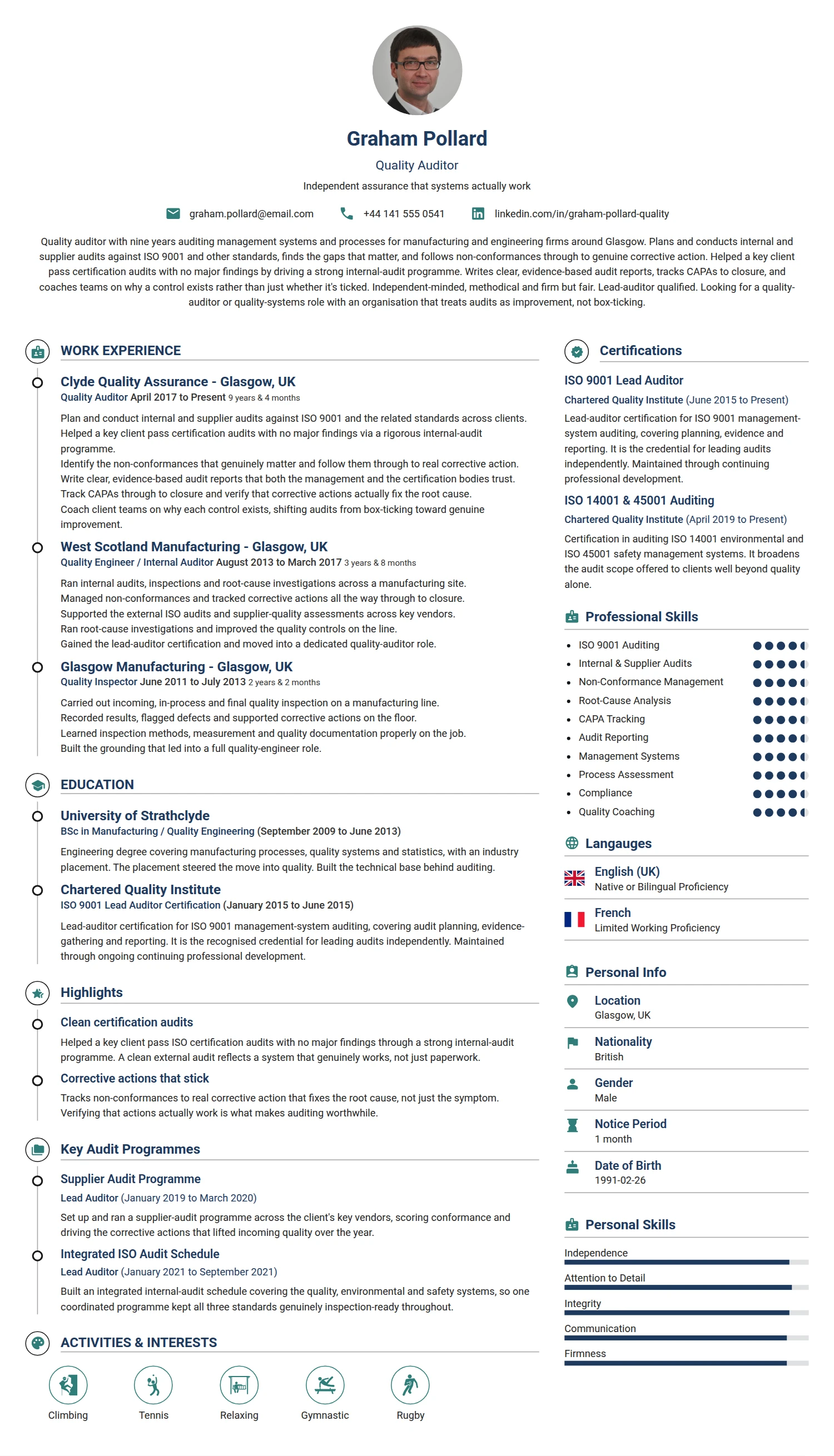Quality Auditor resume example — a professionally formatted Accounting/Auditing CV sample
