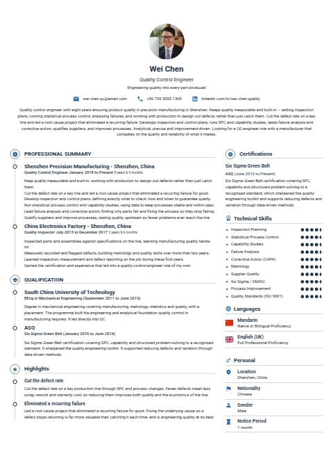 Quality Control Engineer resume example