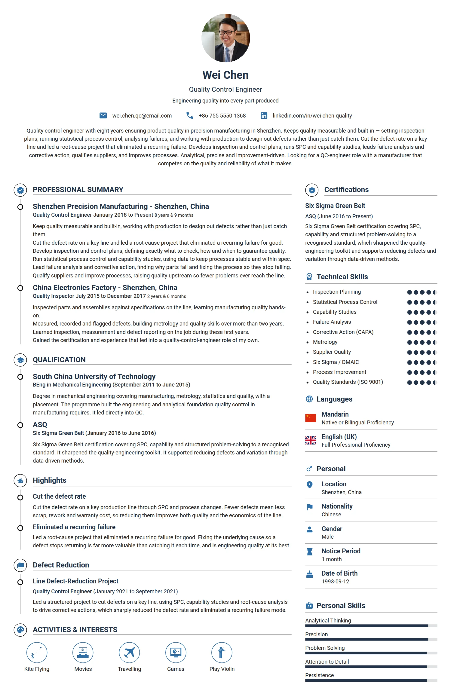 Quality Control Engineer resume example — a professionally formatted Engineering CV sample