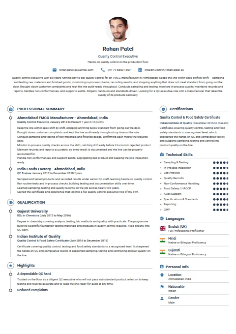 Quality Control Executive resume example