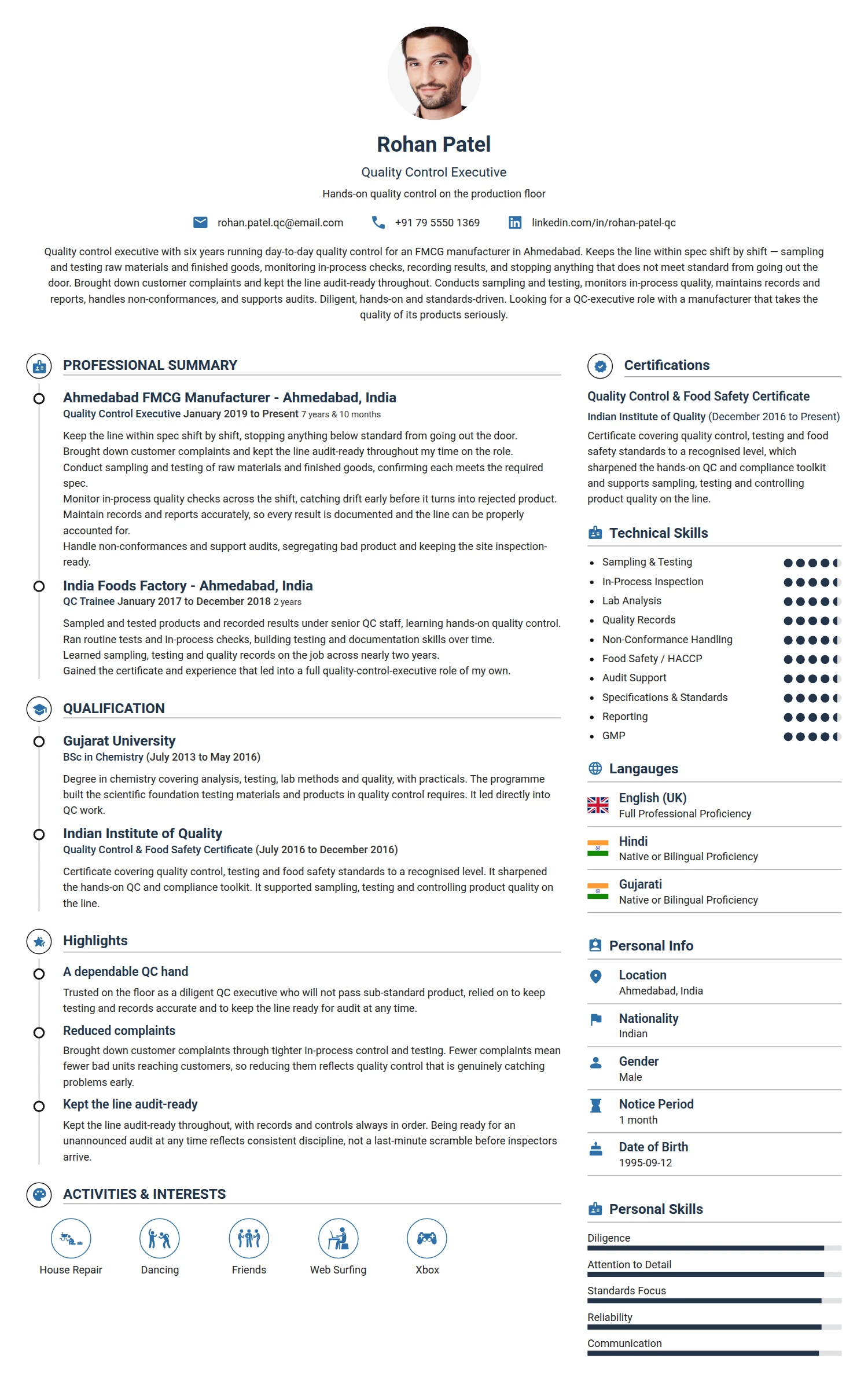 Quality Control Executive resume example — a professionally formatted Media/Journalism CV sample
