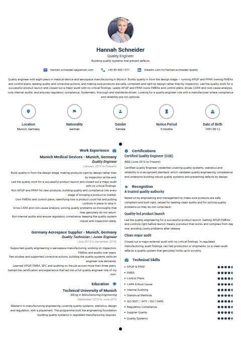 Quality Engineer resume example