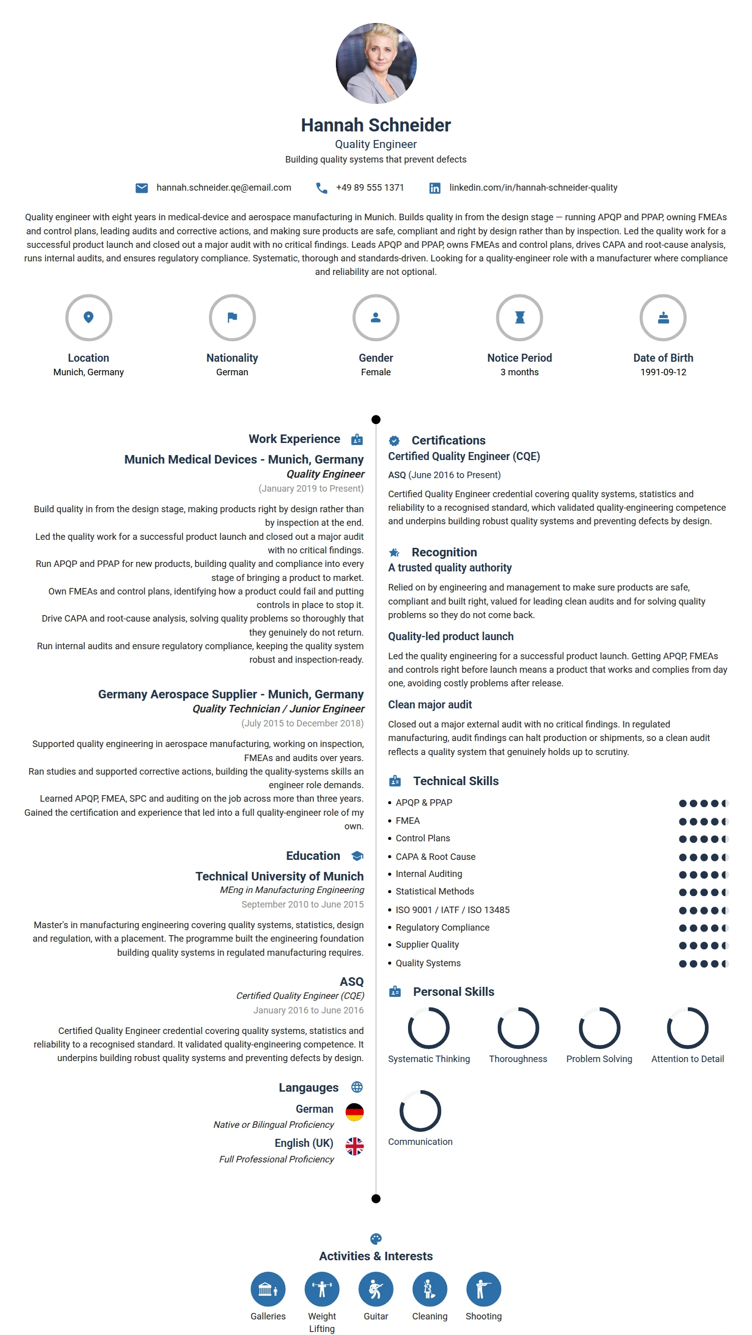 Quality Engineer resume example — a professionally formatted Engineering CV sample