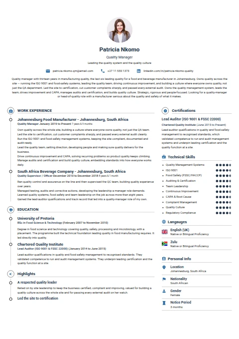 Quality Manager resume example