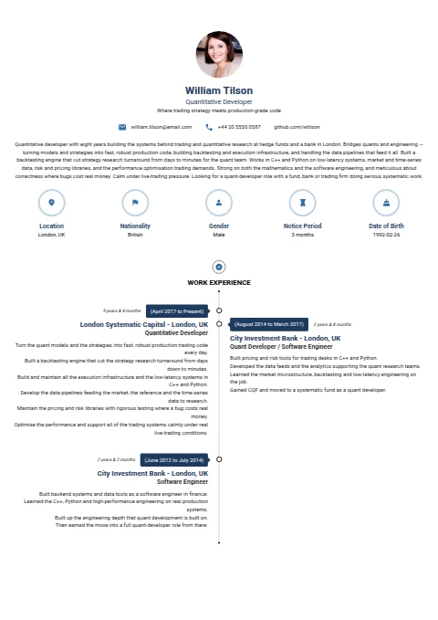 Quantitative Developer resume example — a professionally formatted Logistics/Supply Chain CV sample
