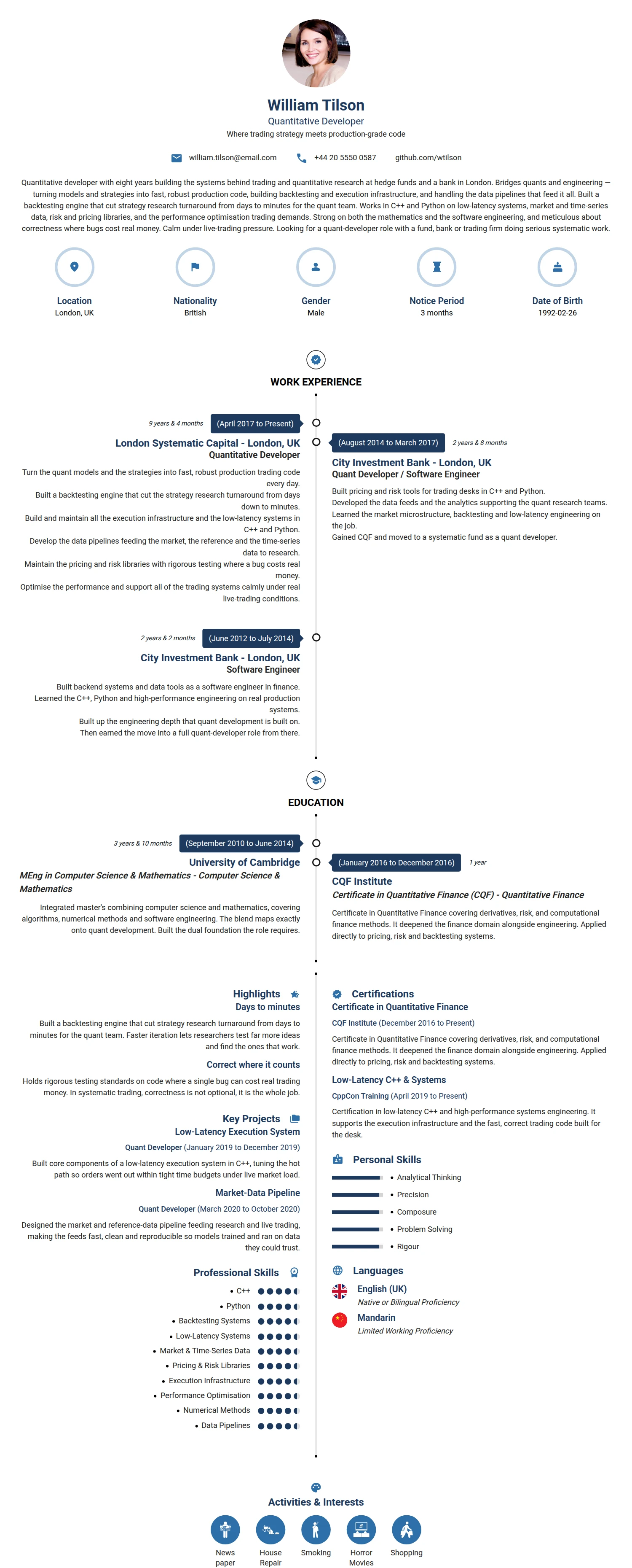 Quantitative Developer resume example — a professionally formatted Logistics/Supply Chain CV sample