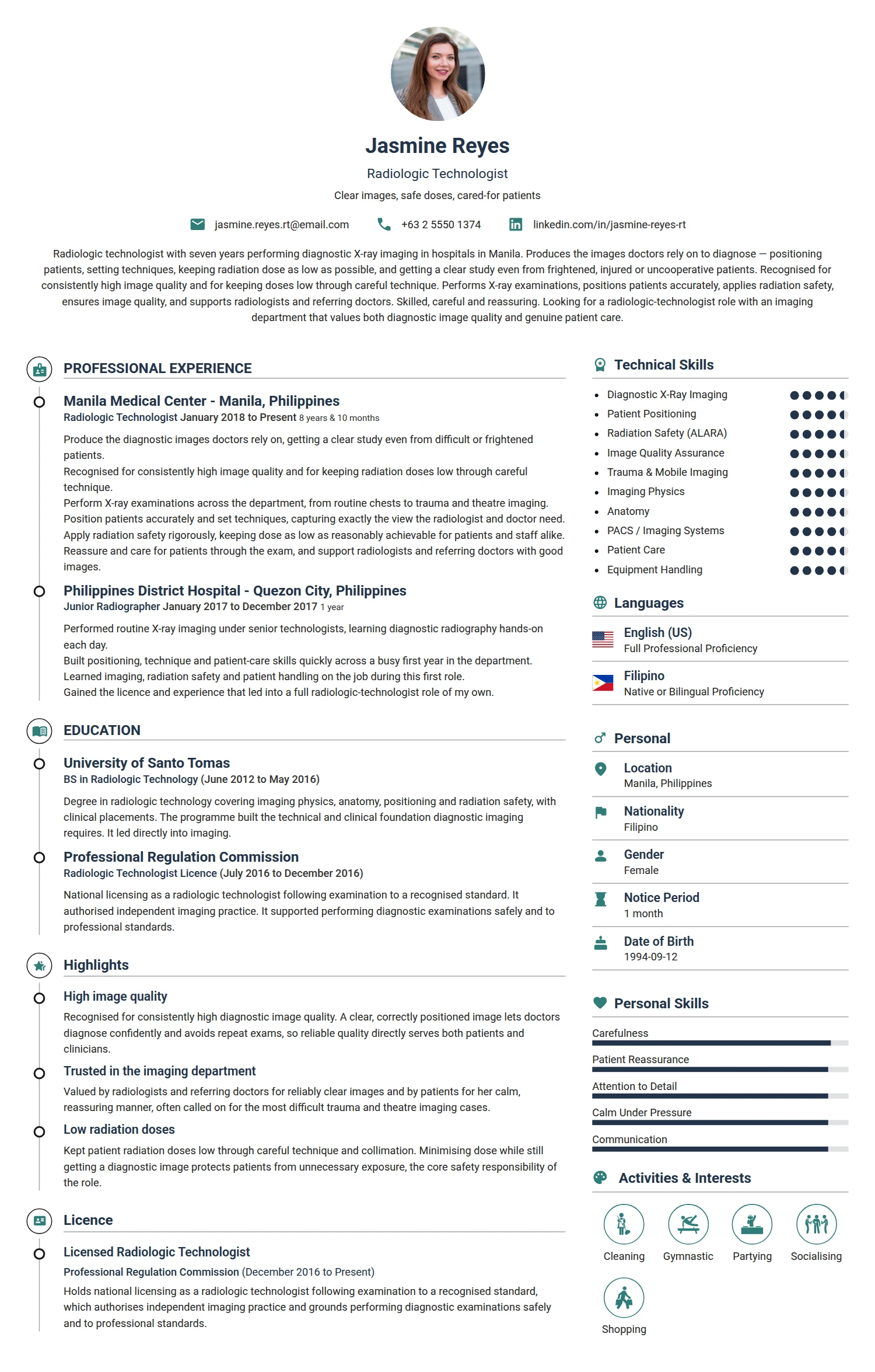 RAD Technologist resume example — a professionally formatted Software Development & IT CV sample