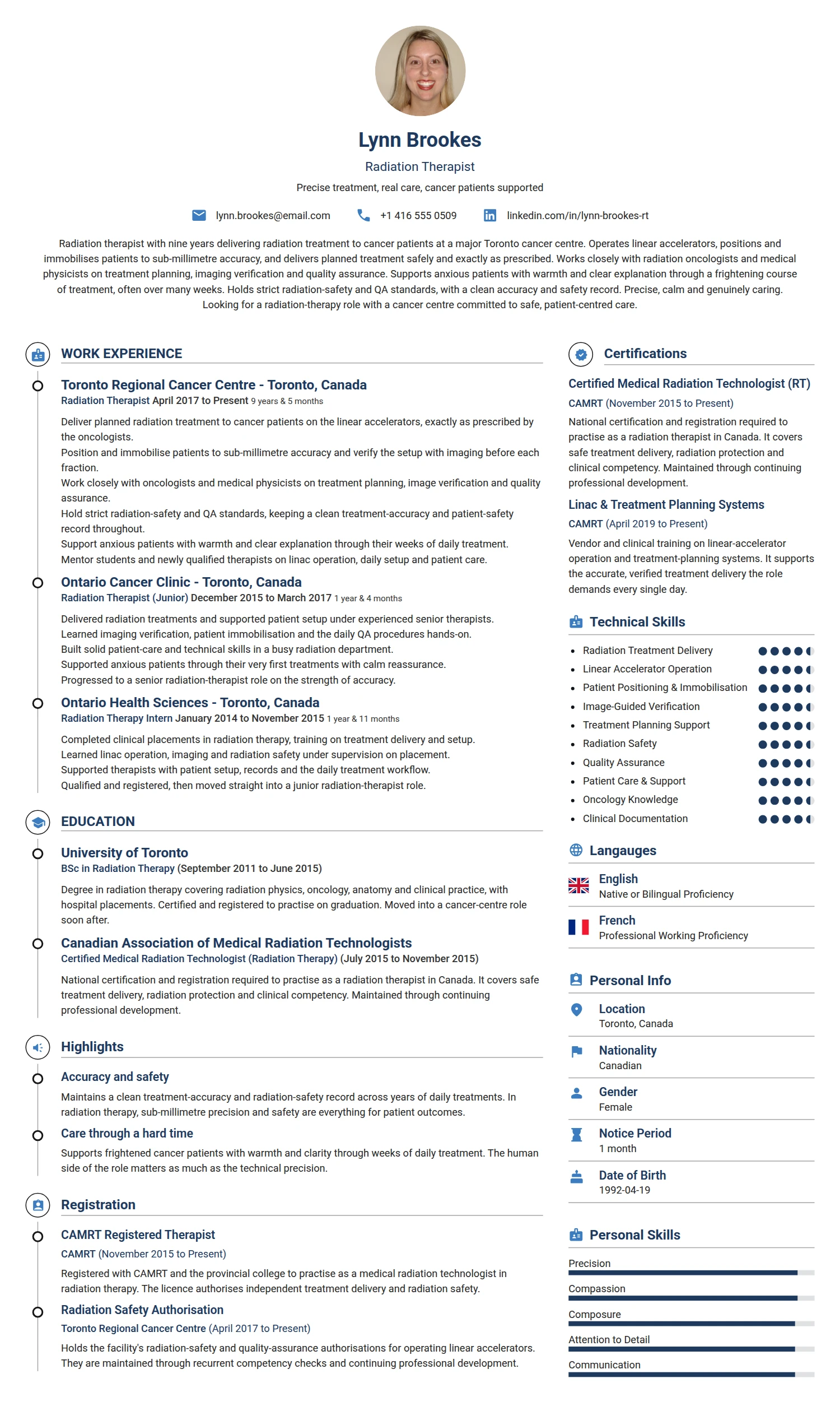 Radiation Therapist resume example — a professionally formatted Medical & Healthcare CV sample