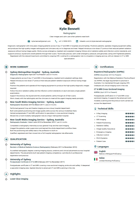 Radiographer resume example — a professionally formatted Engineering CV sample