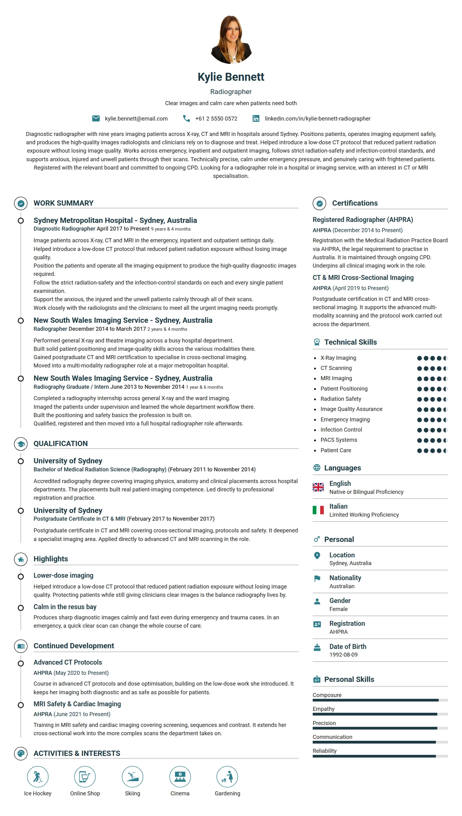 Radiographer resume example — a professionally formatted Engineering CV sample