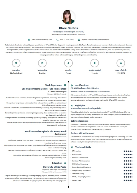Radiologist Technologist resume example — a professionally formatted Medical & Healthcare CV sample